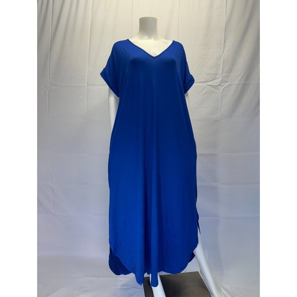 Entro Royal Blue Short Sleeve Long Maxi Dress V-Neck With Pockets
